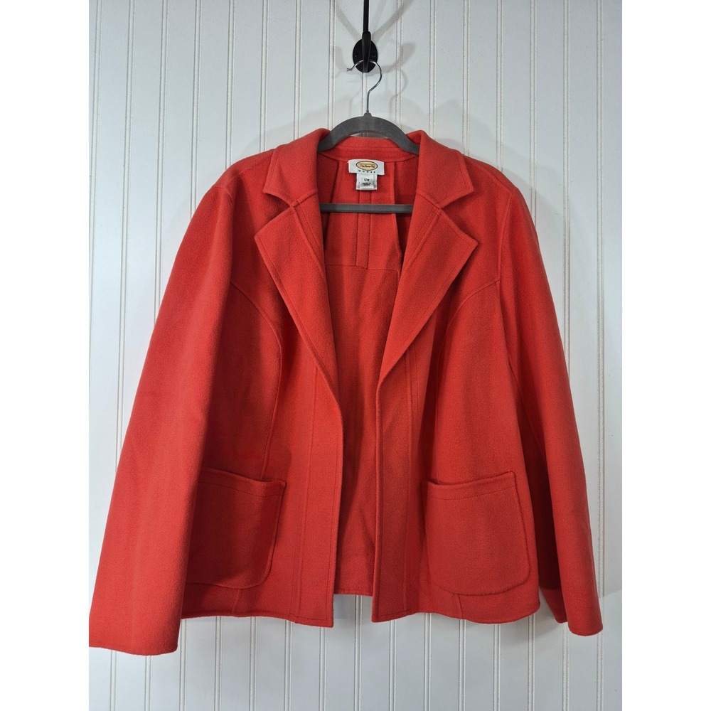 VTG Talbots 100% Wool Blazer Orange Open Front Jacket 12W Pleated Back Pocket